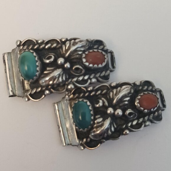 Vintage Native American Turquoise Coral Sterling Watch Tips   (1536) - Picture 4 of 6